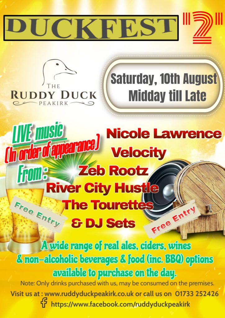 duckfest 2 poster, a music festival at the ruddy duck in peakirk on saturday 10th august from midday til late