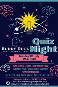 Quiz night at the ruddy duck on Tuesday 9th July, 7.30pm start