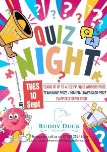 September quiz night at the ruddy duck poster, 10th Sept.