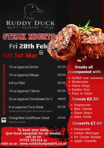 Steak Nights poster at the ruddy duck - Friday 28th Feb and Saturday 1st March